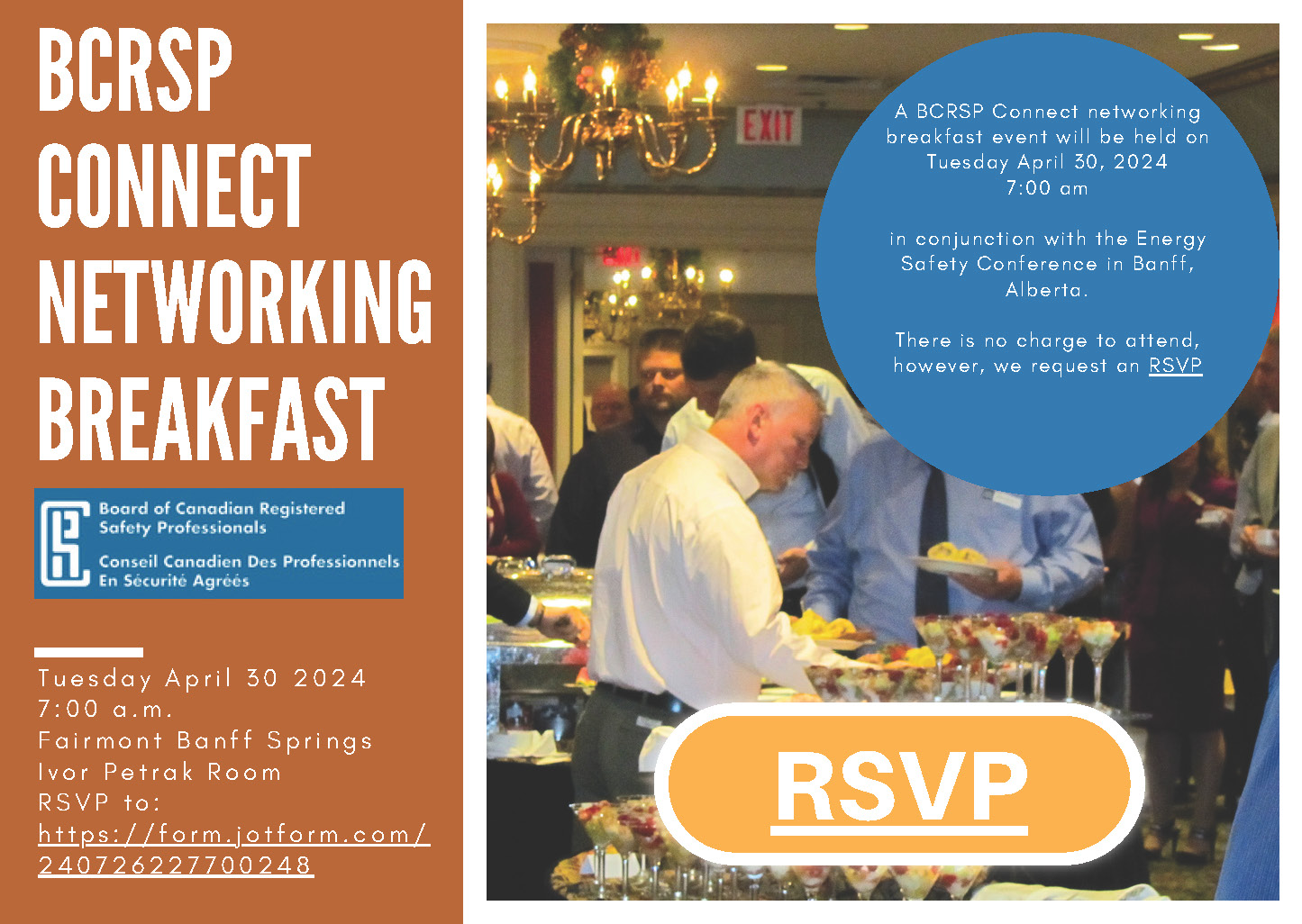 BCRSP Connect Networking Breakfast April 30 2024 7:00 am with photo of people at buffet and RSVP link to https://form.jotform.com/240726227700248