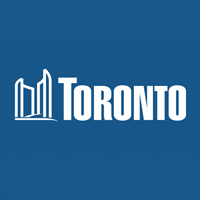 Toronto logo with blue background, white city hall icon and white text reading "Toronto"