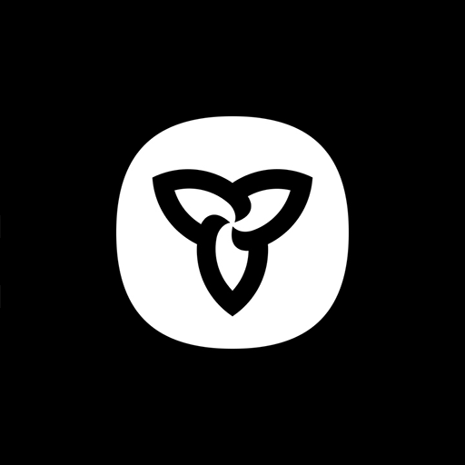 Black logo with black outline of trillium flower in front of white circle