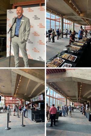 Four images of a networking event showing attendees and presenter Paul Belair, CRSP