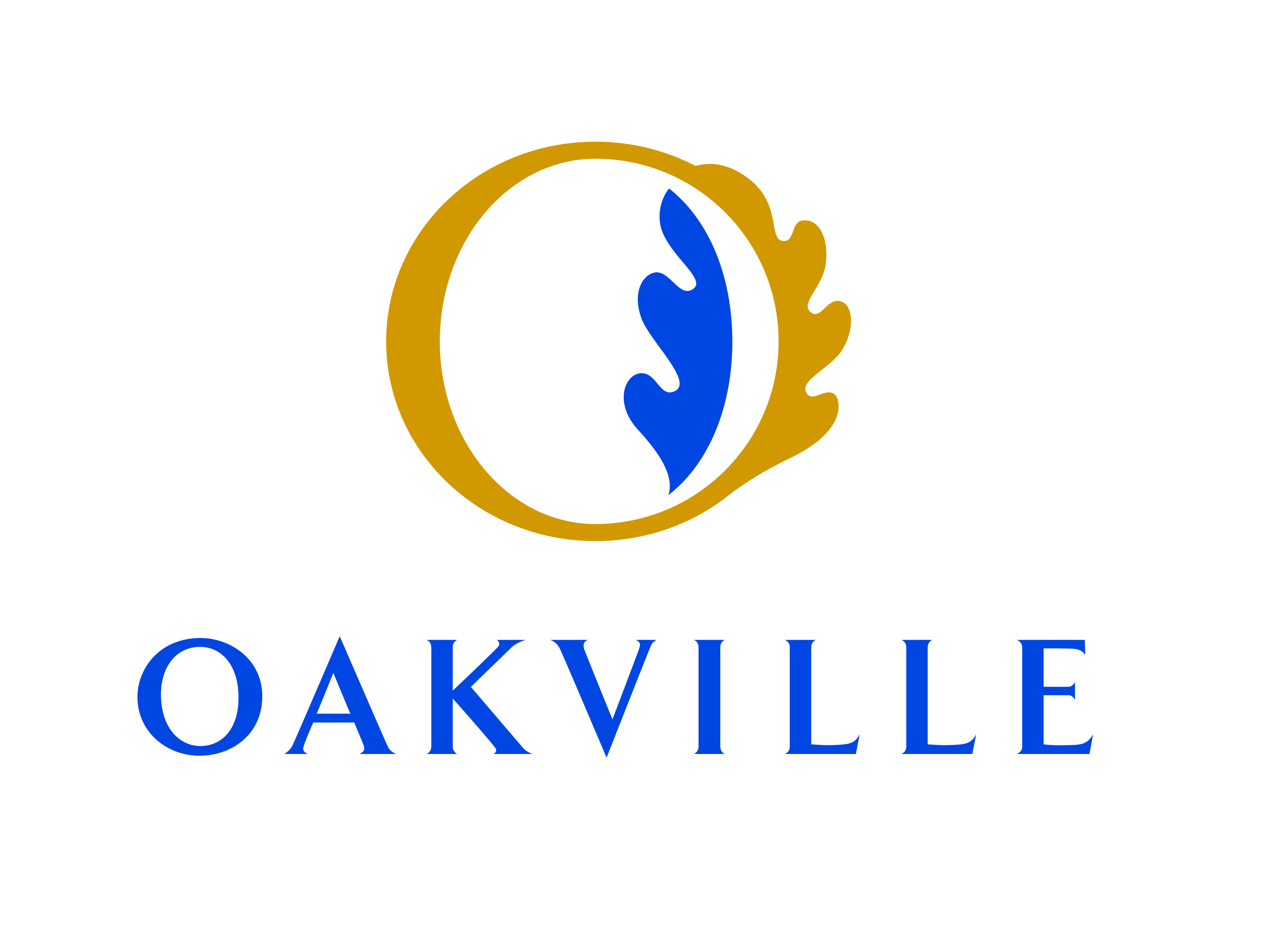 Logo containing the name Oakville with a blue and gold oak leaf emblem