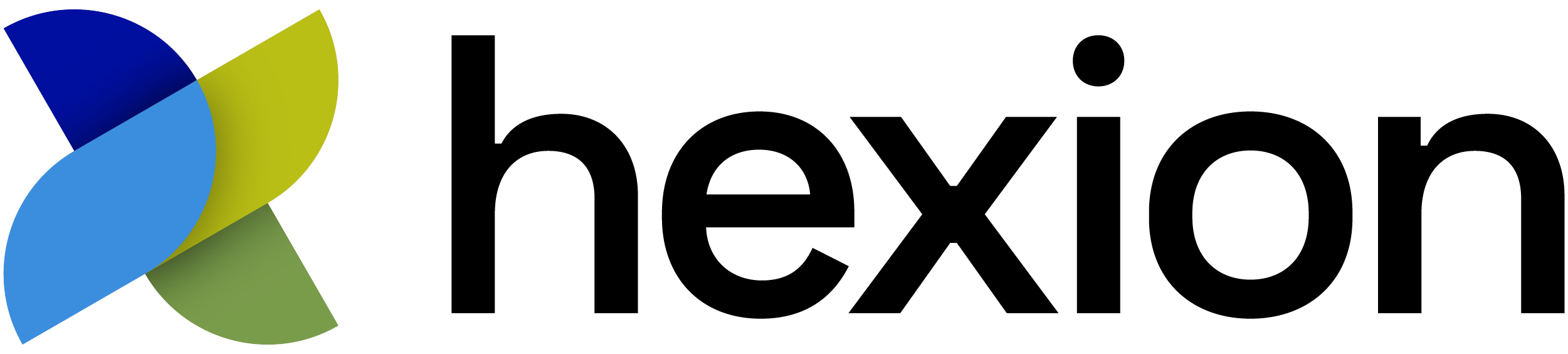 Hexion logo.  Black lower case letters with colorful pinwheel
