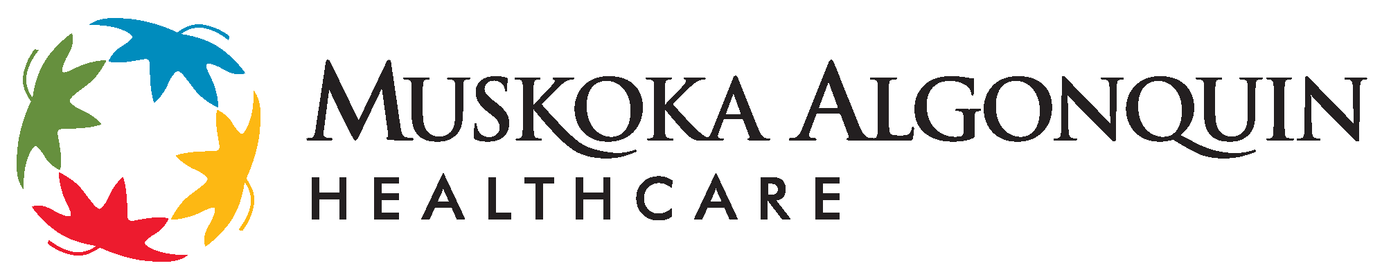 Muskoka Algonquin Healthcare text with the Muskoka Algonquin Healthcare logo which is a blue, yellow, red, and green circle